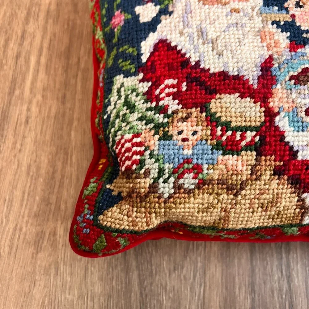Vintage Needlepoint Christmas Throw Pillow Velvet Santa Holiday Decor